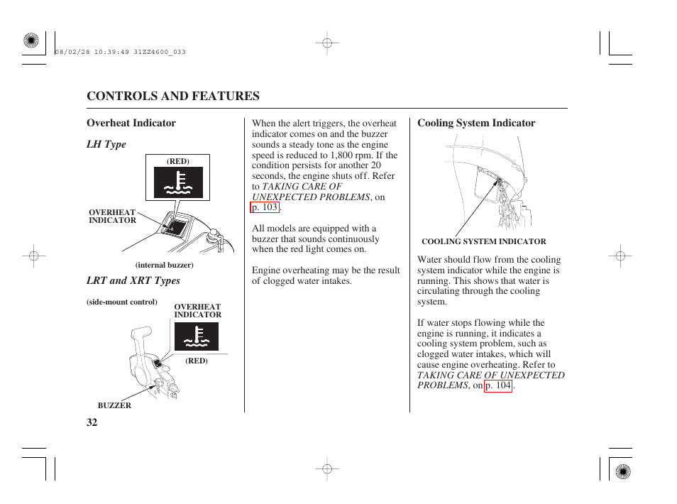 Overheat indicator, Cooling system indicator, Controls and features | HONDA BF50D User Manual | Page 34 / 135