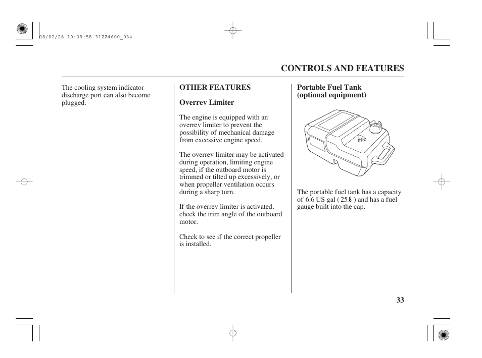 Other features, Overrev limiter, Portable fuel tank (optional equipment) | HONDA BF50D User Manual | Page 35 / 135