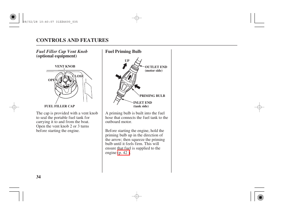 Fuel filler cap vent knob (optional equipment), Fuel priming bulb, Controls and features | HONDA BF50D User Manual | Page 36 / 135