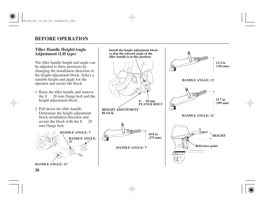 Tiller handle height/angle adjustment (lh type), Before operation | HONDA BF50D User Manual | Page 40 / 135