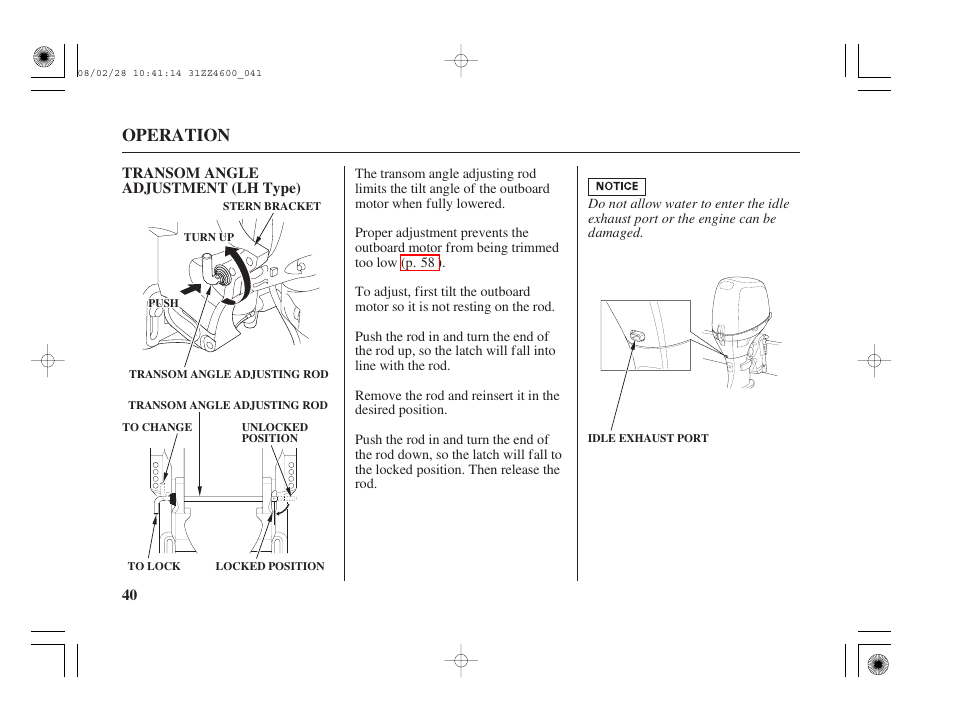 Transom angle adjustment (lh type), Operation | HONDA BF50D User Manual | Page 42 / 135