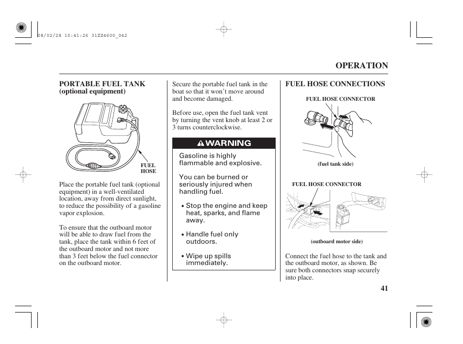 Portable fuel tank (optional equipment), Fuel hose connections, Operation | HONDA BF50D User Manual | Page 43 / 135