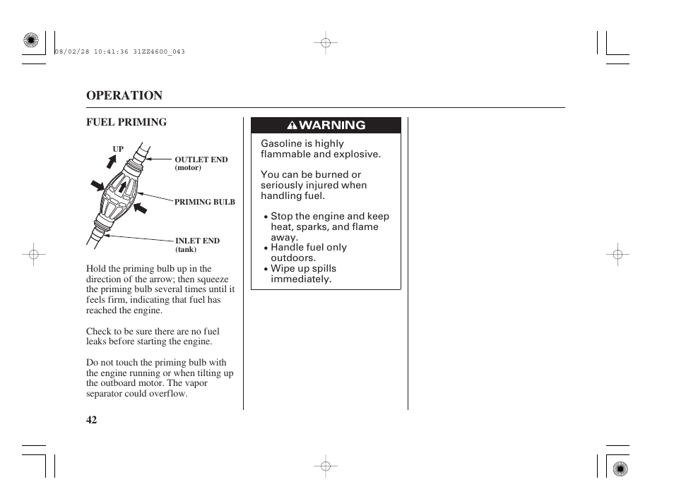 Fuel priming, Operation | HONDA BF50D User Manual | Page 44 / 135