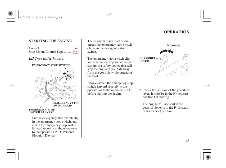 Starting the engine, Operation | HONDA BF50D User Manual | Page 45 / 135