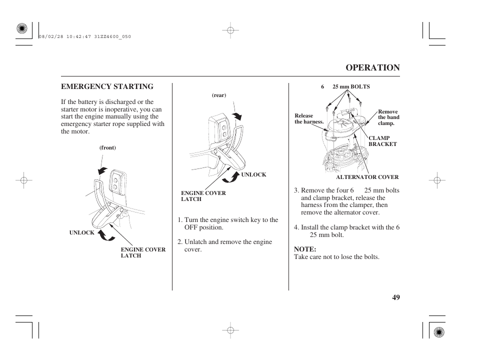 Emergency starting, Operation | HONDA BF50D User Manual | Page 51 / 135