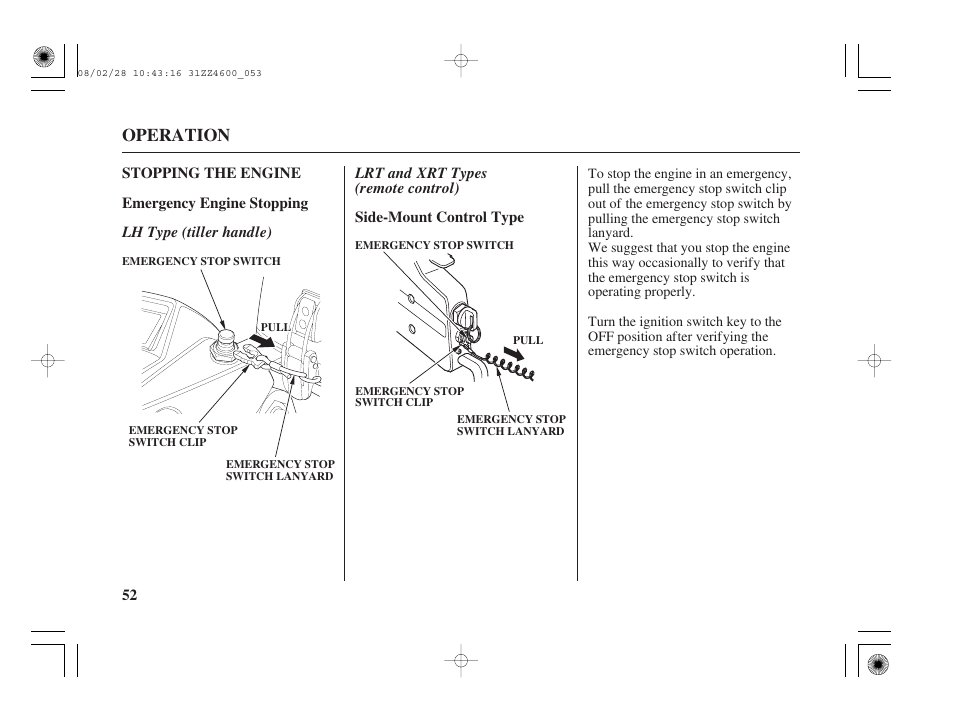 Stopping the engine, Operation | HONDA BF50D User Manual | Page 54 / 135