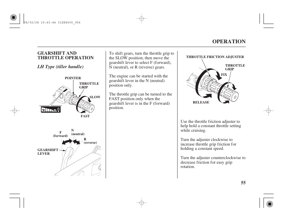 Gearshift and throttle operation, Operation | HONDA BF50D User Manual | Page 57 / 135