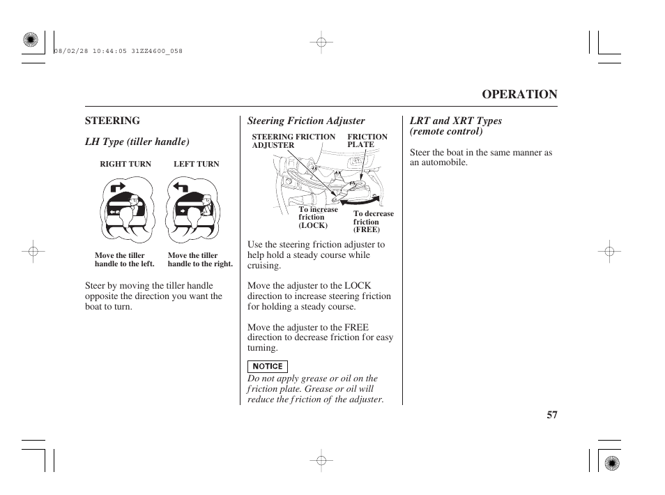 Steering, Operation, 57 steering | HONDA BF50D User Manual | Page 59 / 135