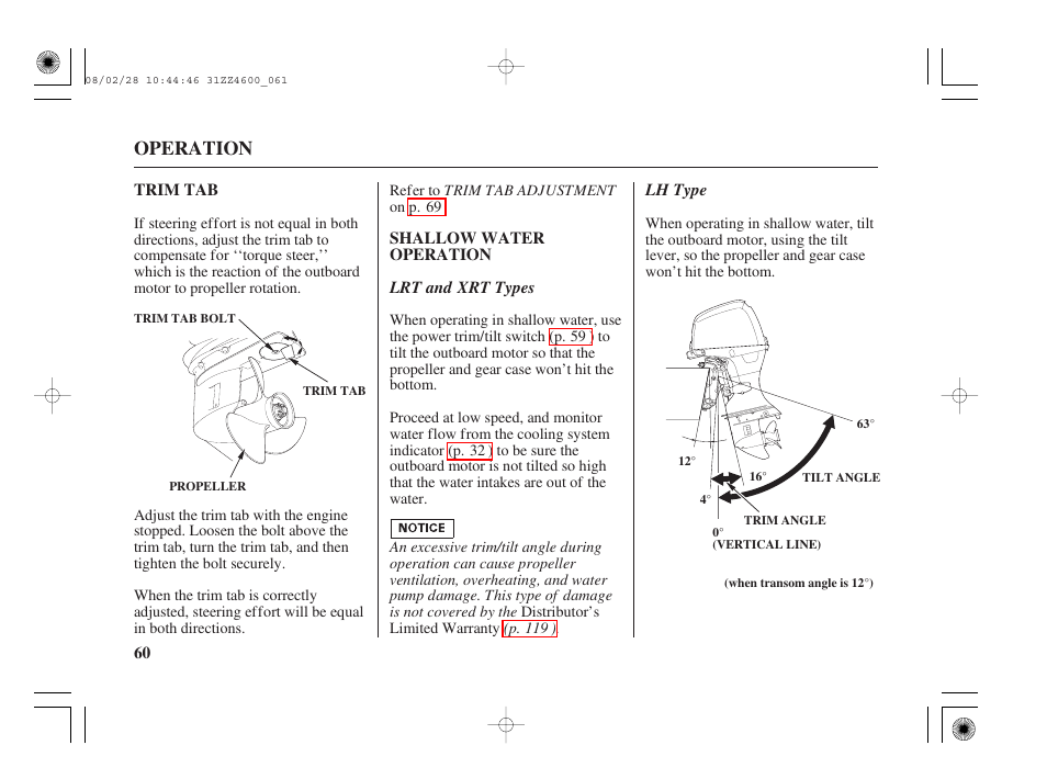 Trim tab, Shallow water operation, Operation | HONDA BF50D User Manual | Page 62 / 135