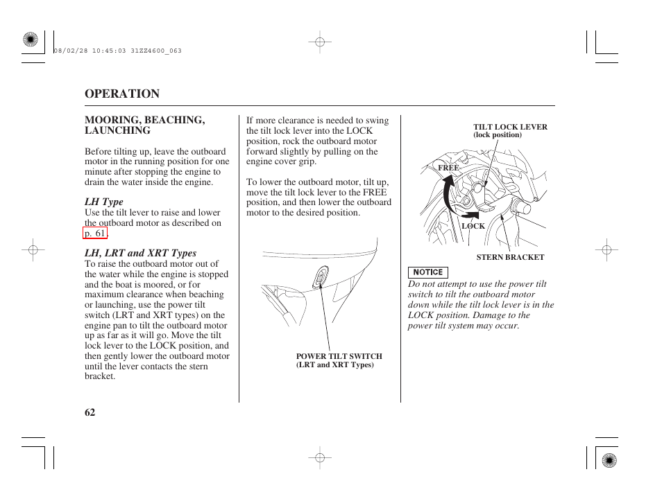 Mooring, beaching, launching, Operation | HONDA BF50D User Manual | Page 64 / 135