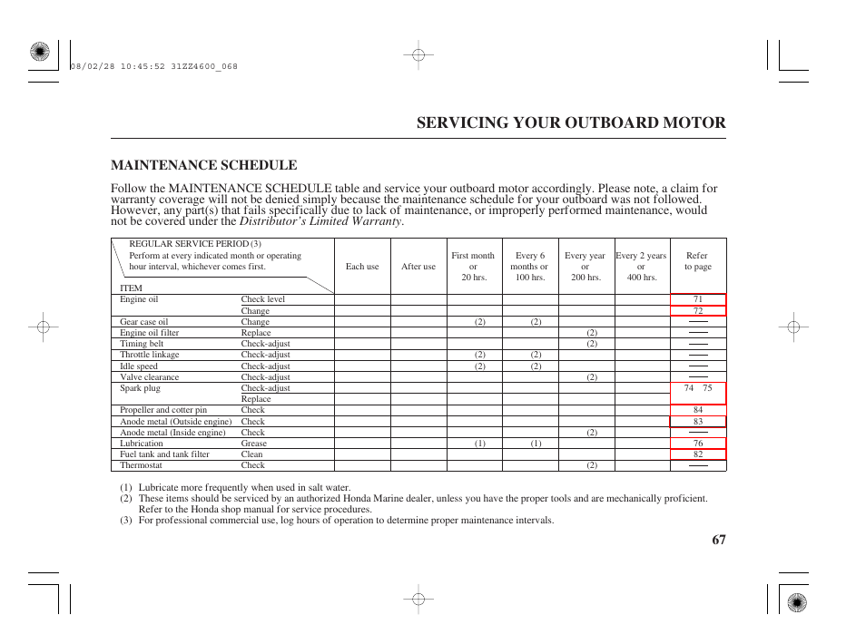Maintenance schedule, Servicing your outboard motor, 67 maintenance schedule | HONDA BF50D User Manual | Page 69 / 135