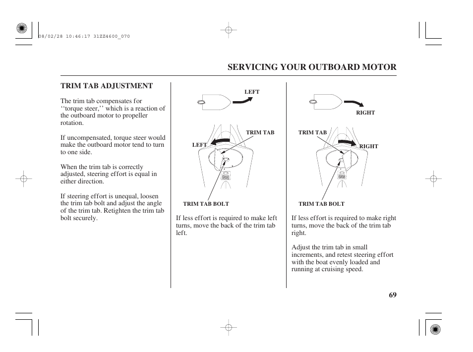 Trim tab adjustment, Servicing your outboard motor | HONDA BF50D User Manual | Page 71 / 135