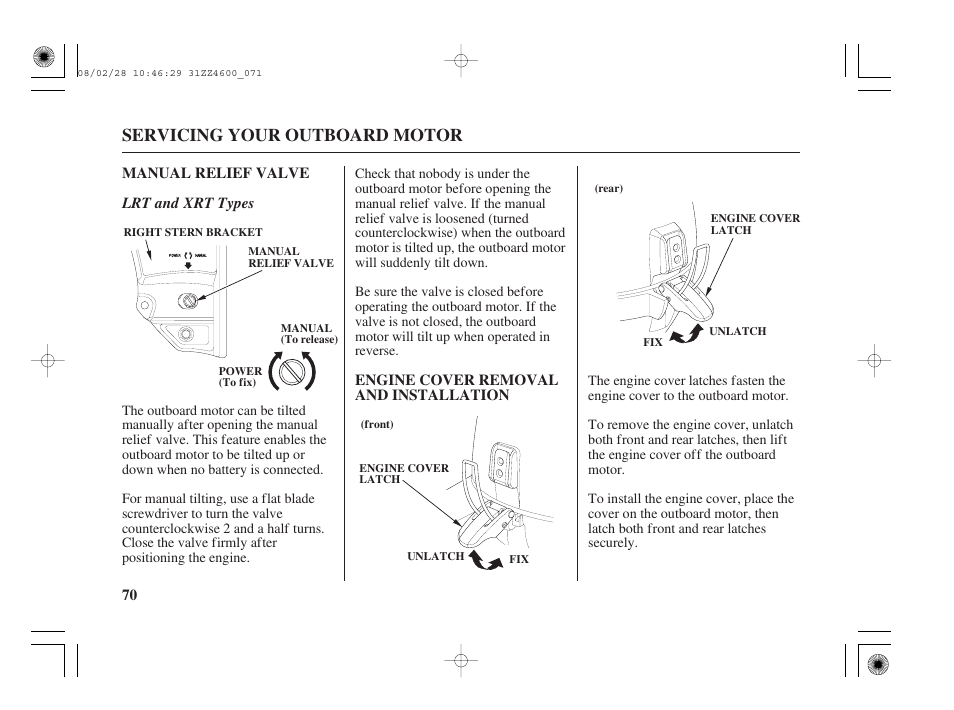 Manual relief valve, Engine cover removal and installation, Servicing your outboard motor | Lrt and xrt types | HONDA BF50D User Manual | Page 72 / 135