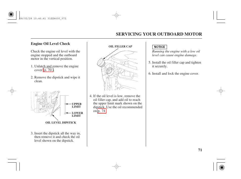 Engine oil level check | HONDA BF50D User Manual | Page 73 / 135