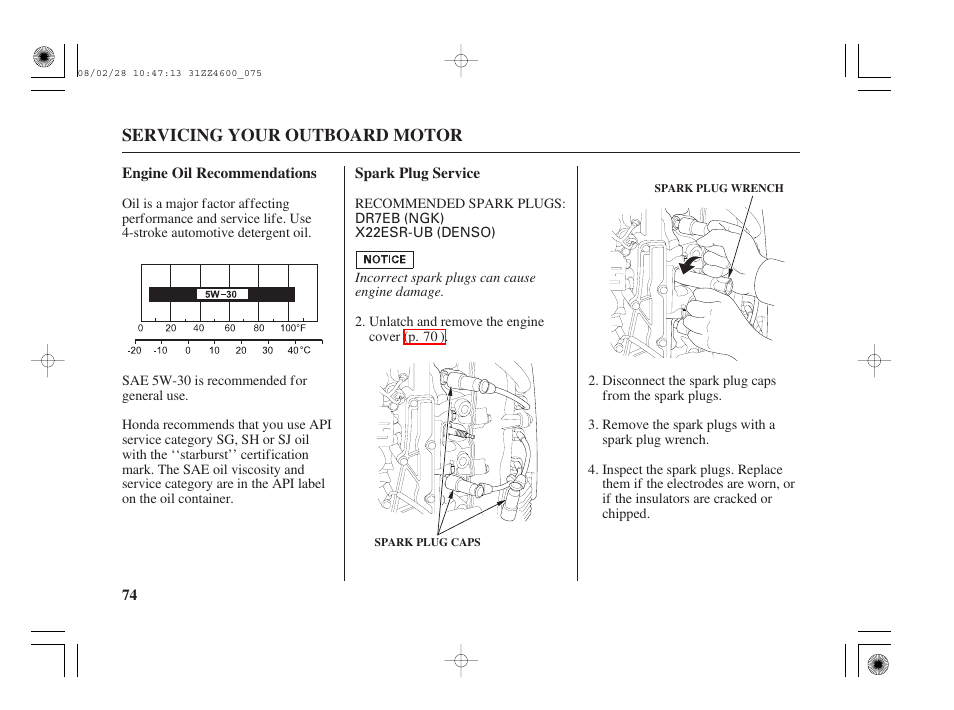 Engine oil recommendations, Spark plug service | HONDA BF50D User Manual | Page 76 / 135