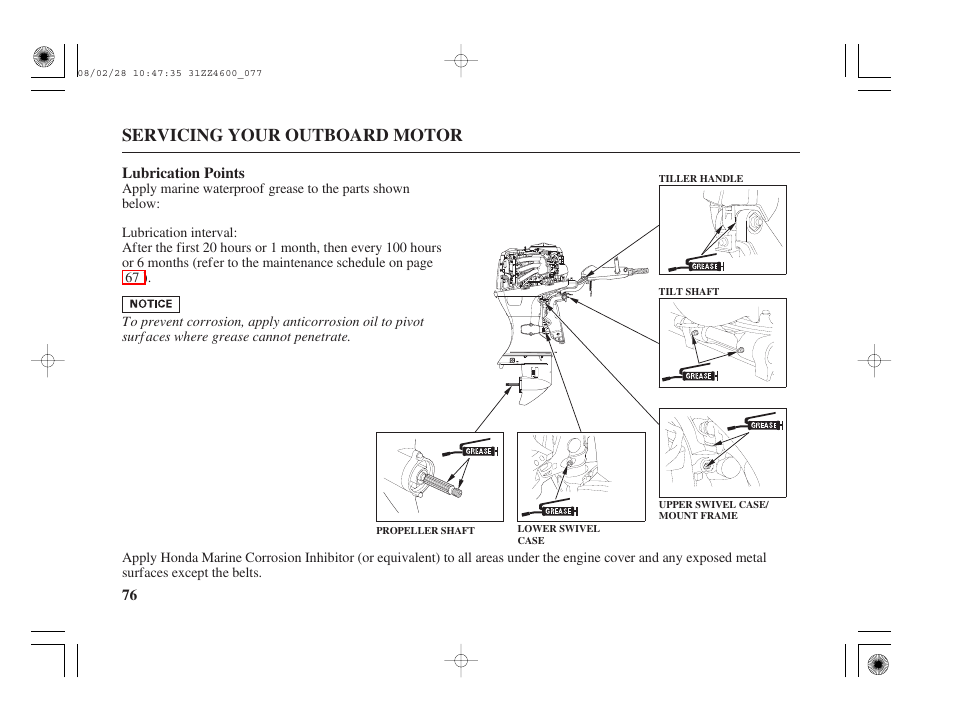 Lubrication points, Servicing your outboard motor | HONDA BF50D User Manual | Page 78 / 135