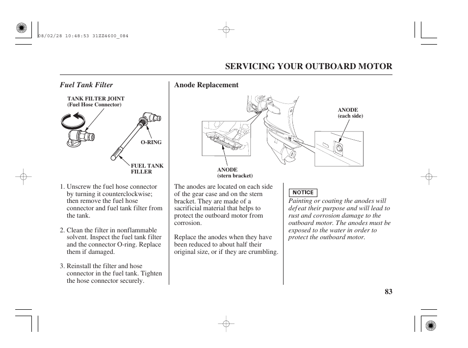 Anode replacement, Servicing your outboard motor | HONDA BF50D User Manual | Page 85 / 135