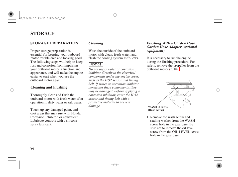 Storage, Storage preparation, Cleaning and flushing | HONDA BF50D User Manual | Page 88 / 135