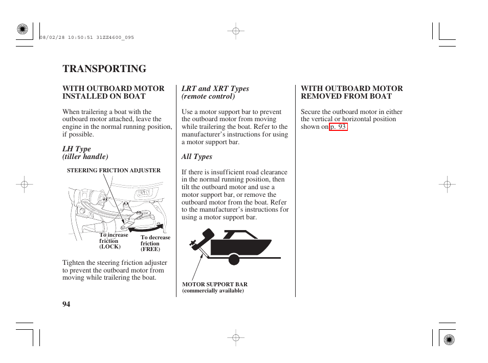 Transporting, With outboard motor installed on boat, With outboard motor removed from boat | HONDA BF50D User Manual | Page 96 / 135