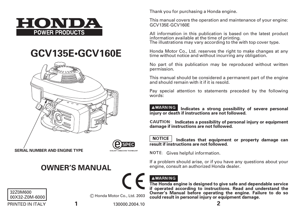 HONDA GCV135E User Manual | 16 pages