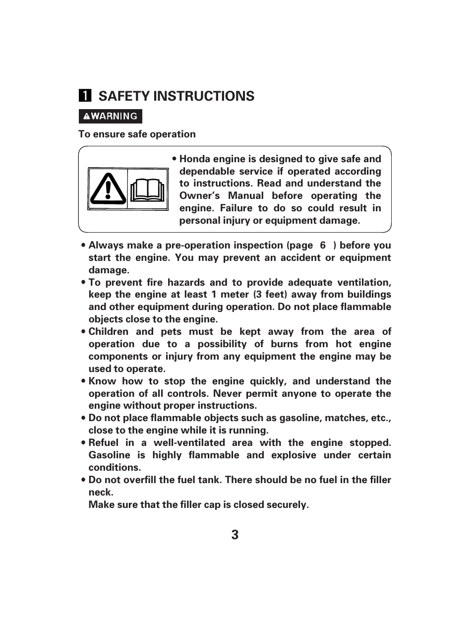 3safety instructions | HONDA GCV135GCV160 User Manual | Page 3 / 32