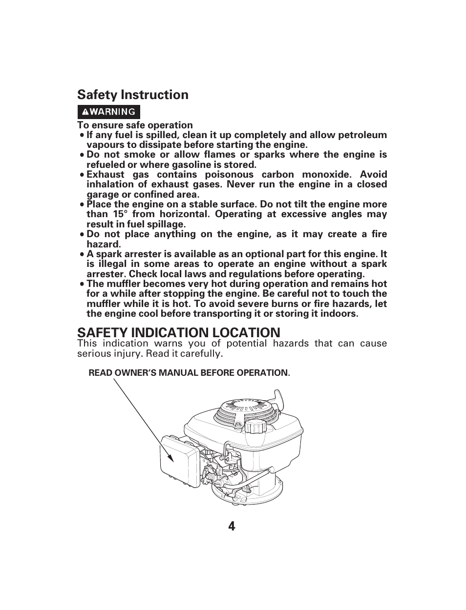 4safety instruction safety indication location | HONDA GCV135GCV160 User Manual | Page 4 / 32