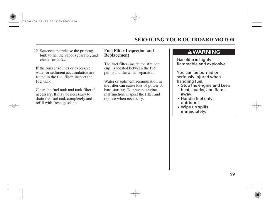 Fuel filter inspection and replacement | HONDA Outdoor Motor BF90D User Manual | Page 101 / 151