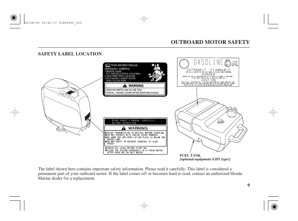 Safety label location | HONDA Outdoor Motor BF90D User Manual | Page 11 / 151