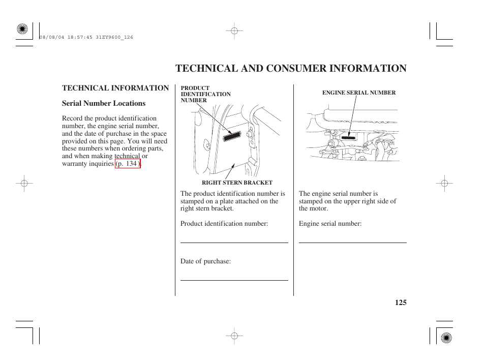 Technical and consumer information, Technical information, Serial number locations | Technical and consumer, Information | HONDA Outdoor Motor BF90D User Manual | Page 127 / 151