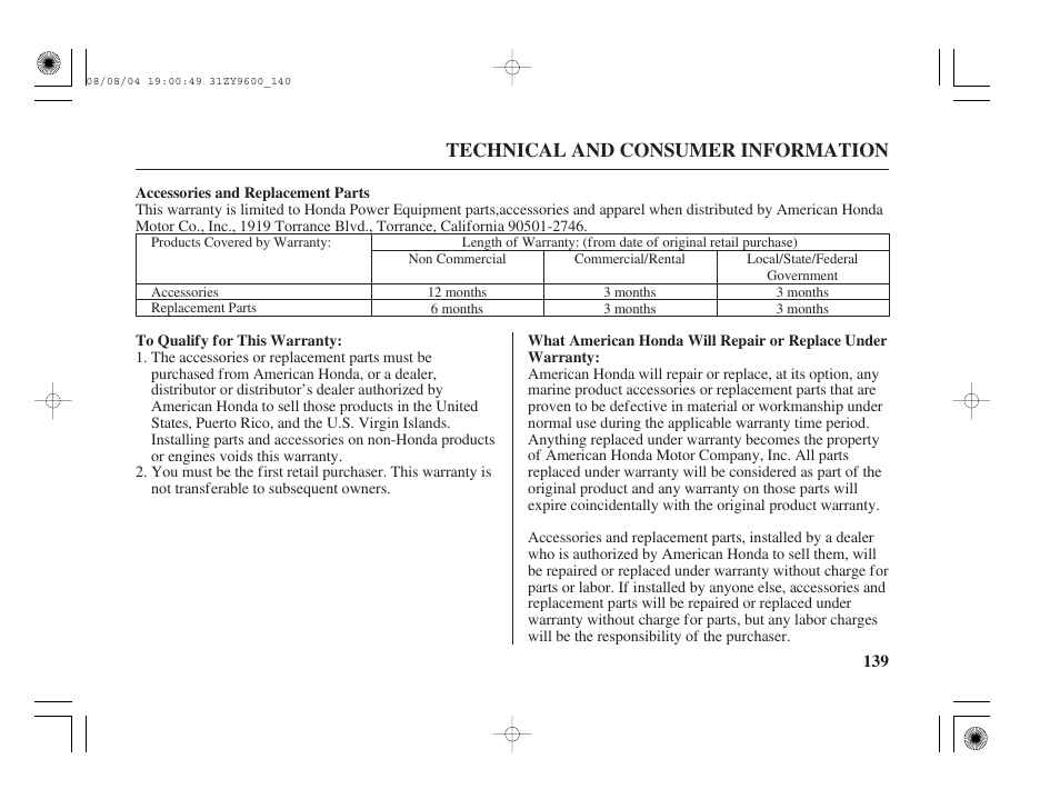 Accessories and replacement parts, Technical and consumer information | HONDA Outdoor Motor BF90D User Manual | Page 141 / 151