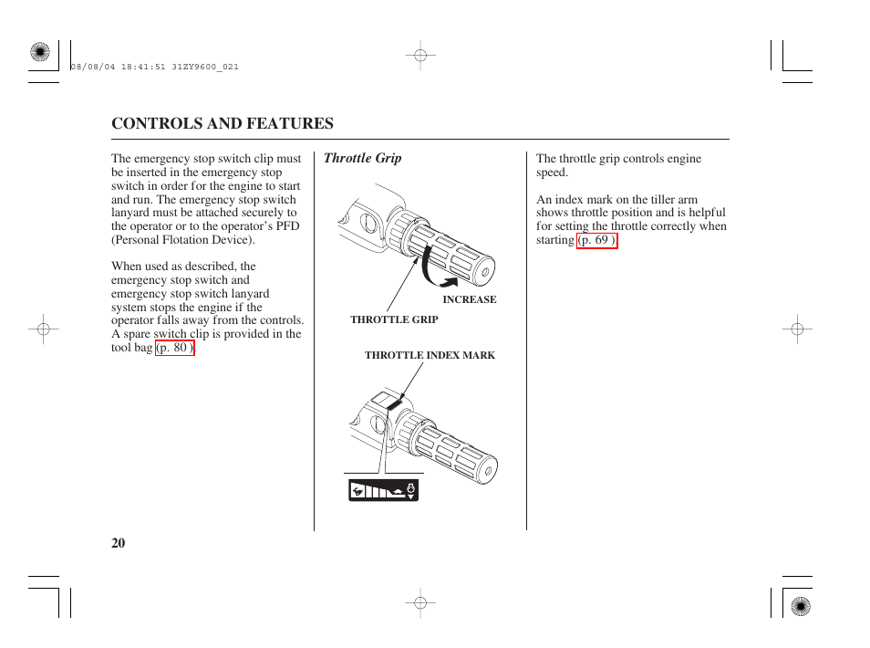 Throttle grip, Controls and features | HONDA Outdoor Motor BF90D User Manual | Page 22 / 151