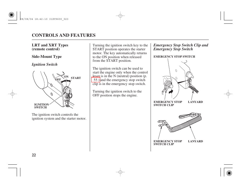 Lrt and xrt types (remote control), Side-mount type, Ignition switch | Switch clip and emergency stop switch, Controls and features | HONDA Outdoor Motor BF90D User Manual | Page 24 / 151