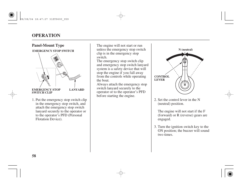 Panel-mount type, Operation | HONDA Outdoor Motor BF90D User Manual | Page 60 / 151