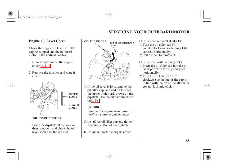 Engine oil level check | HONDA Outdoor Motor BF90D User Manual | Page 87 / 151