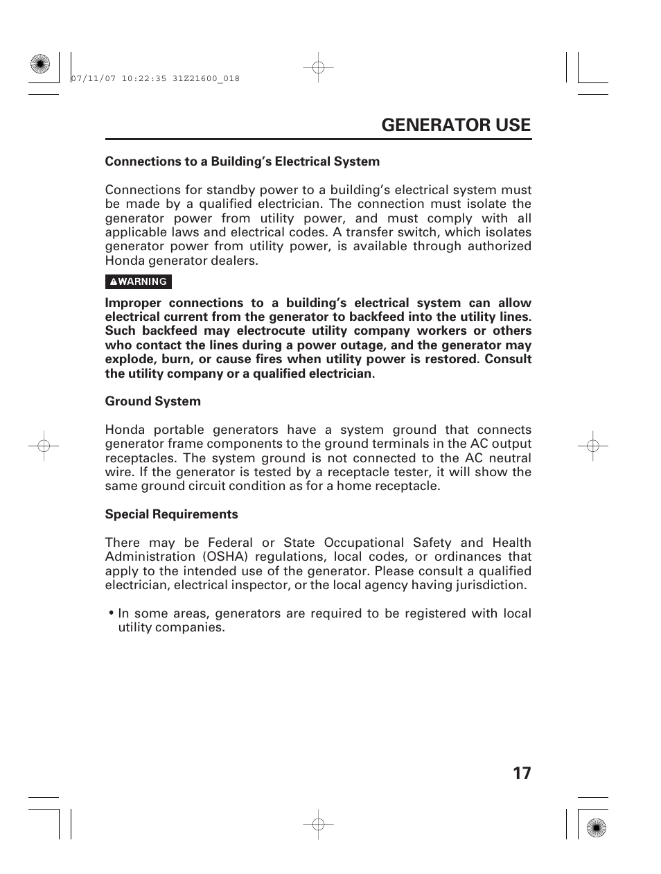 Generator use, Connections to a building electrical system, 17 generator use | HONDA EM3800SX User Manual | Page 19 / 75