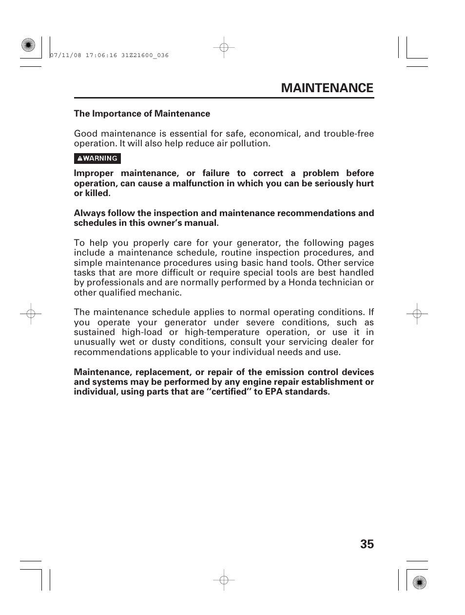 Maintenance, The importance of maintenance, 35 maintenance | HONDA EM3800SX User Manual | Page 37 / 75