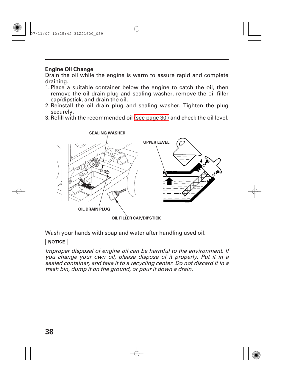 Engine oil change | HONDA EM3800SX User Manual | Page 40 / 75