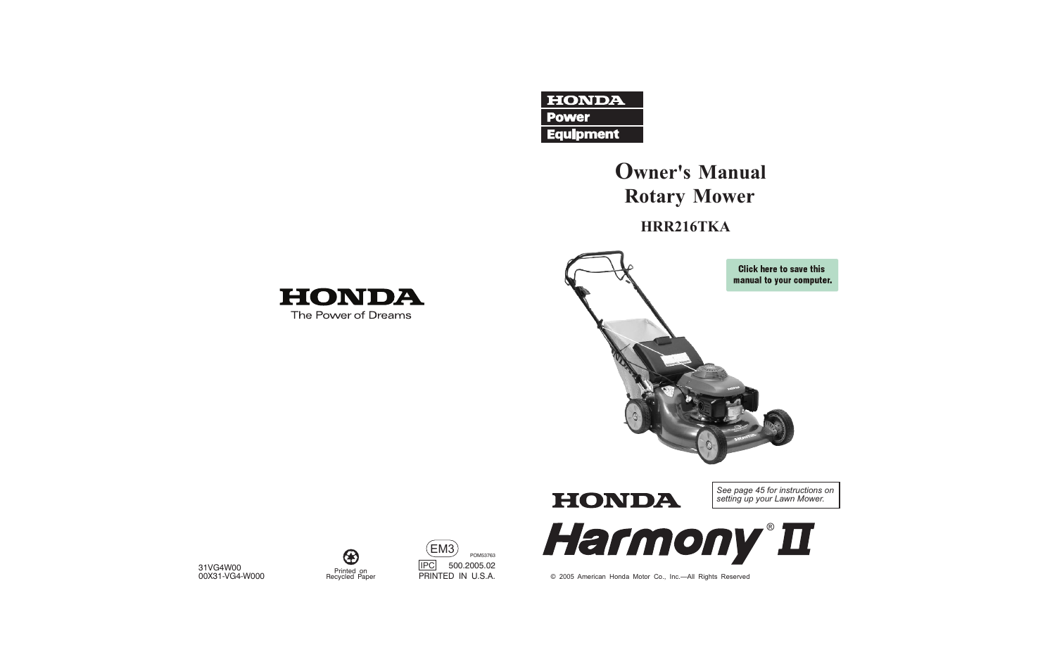 HONDA HRR216TKA User Manual | 66 pages