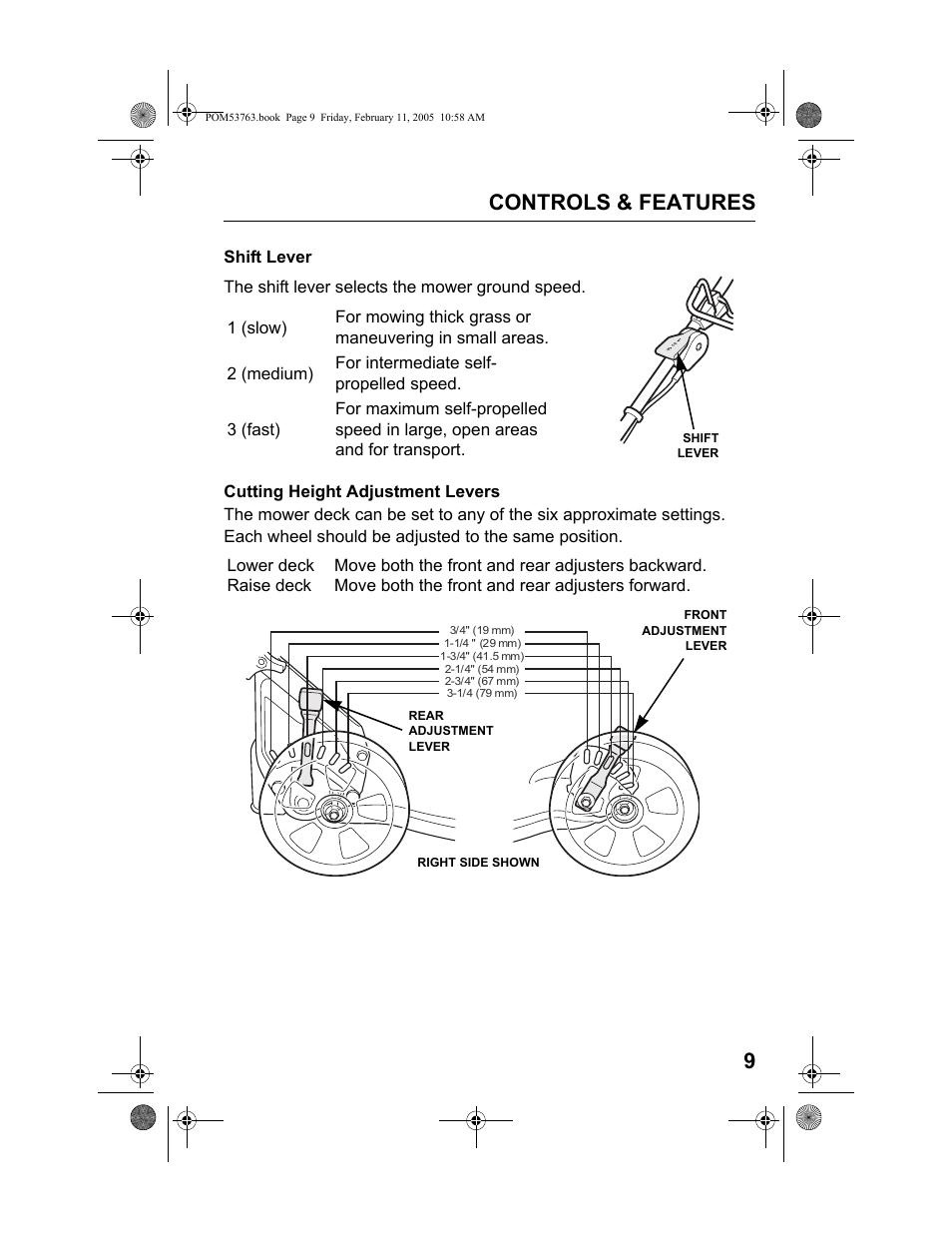 Shift lever, Cutting height adjustment levers, Controls & features 9 | HONDA HRR216TKA User Manual | Page 11 / 66