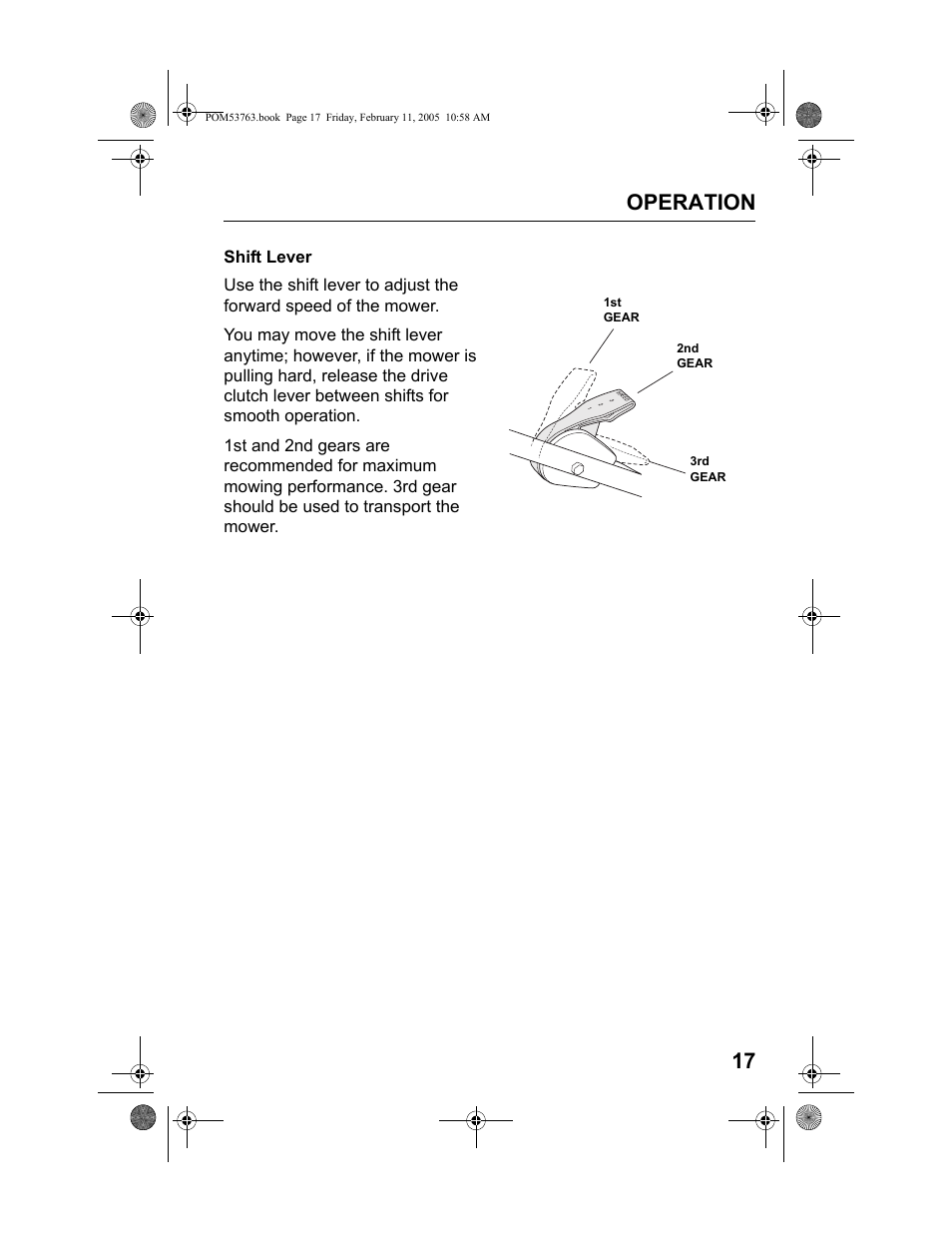 Shift lever, Operation 17 | HONDA HRR216TKA User Manual | Page 19 / 66