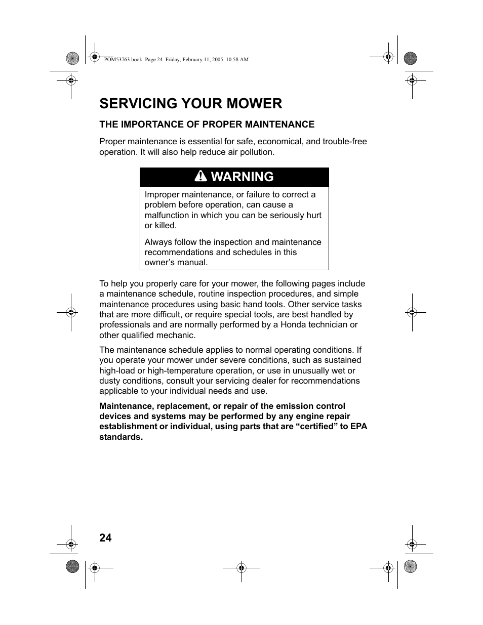 Servicing your mower, The importance of proper maintenance, Warning | HONDA HRR216TKA User Manual | Page 26 / 66