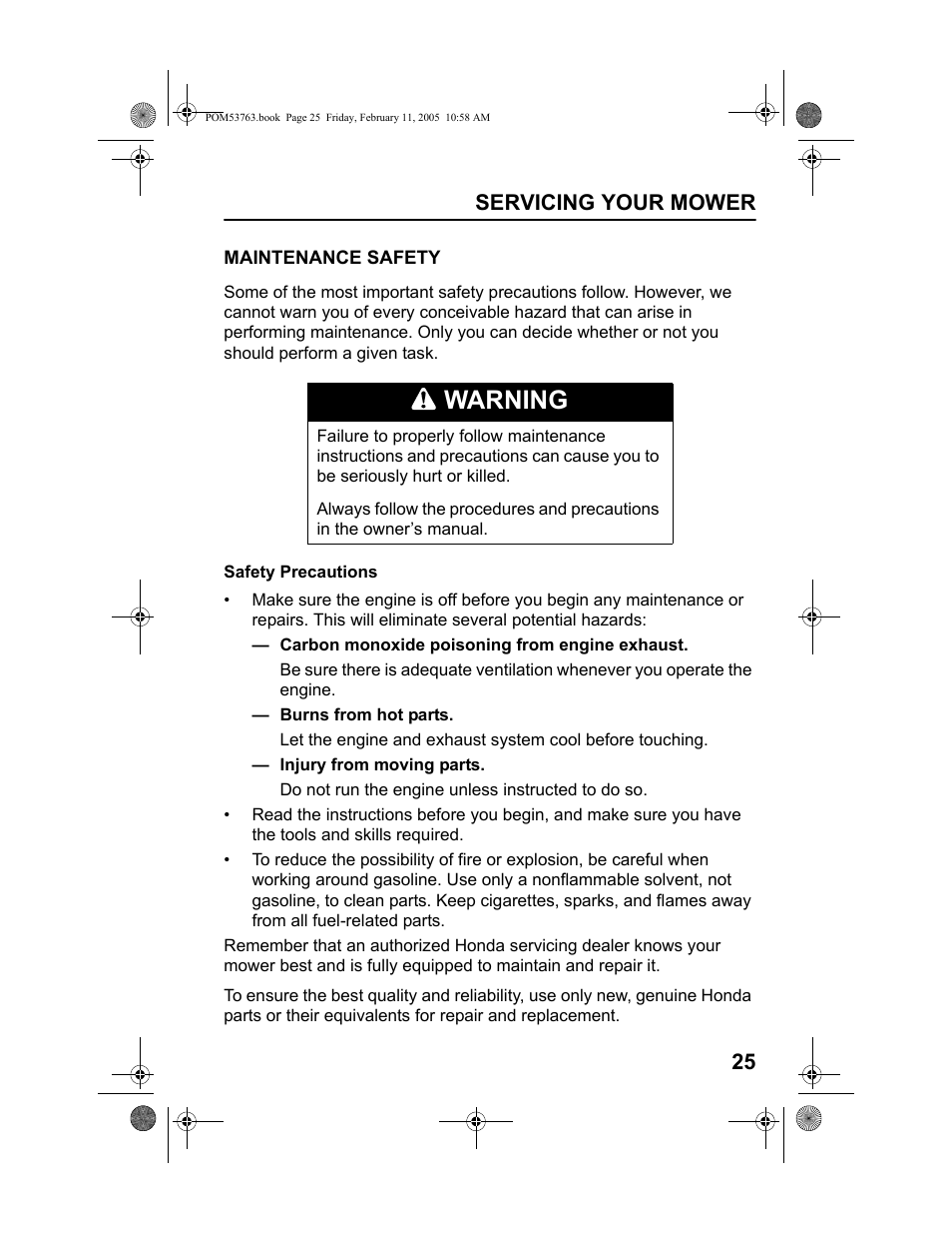 Maintenance safety, Warning | HONDA HRR216TKA User Manual | Page 27 / 66