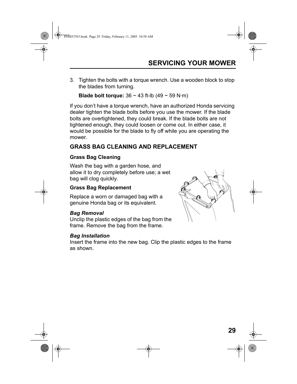 Grass bag cleaning and replacement, Grass bag cleaning, Grass bag replacement | Servicing your mower 29 | HONDA HRR216TKA User Manual | Page 31 / 66