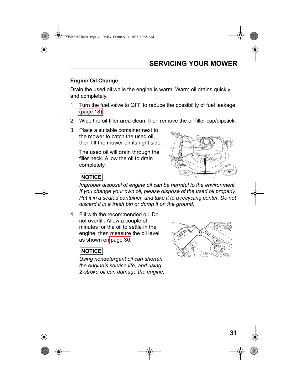 Engine oil change, Servicing your mower 31 | HONDA HRR216TKA User Manual | Page 33 / 66