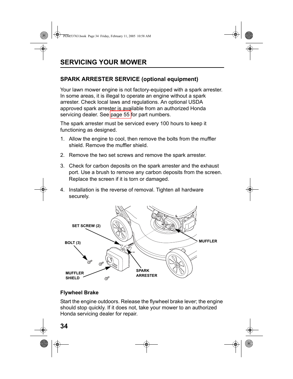 Spark arrester service (optional equipment), Flywheel brake, Servicing your mower 34 | HONDA HRR216TKA User Manual | Page 36 / 66