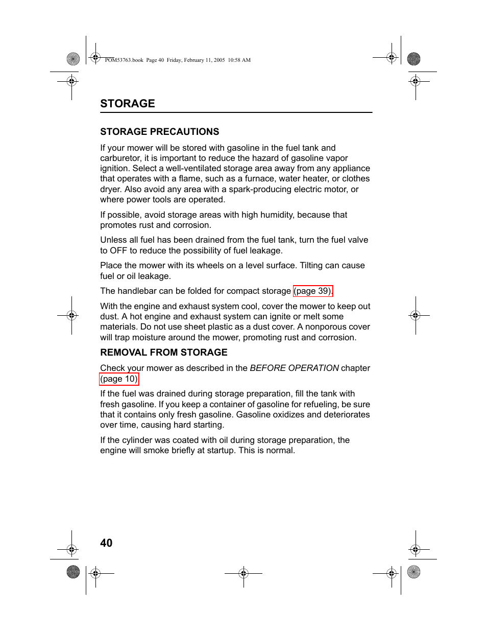 Storage precautions, Removal from storage, Storage 40 | HONDA HRR216TKA User Manual | Page 42 / 66