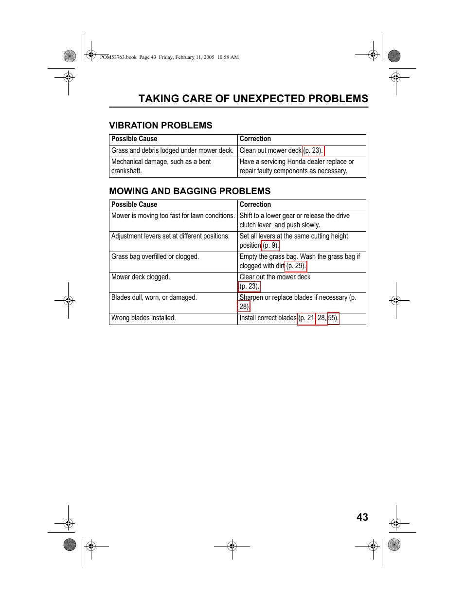 Vibration problems, Mowing and bagging problems, Taking care of unexpected problems 43 | HONDA HRR216TKA User Manual | Page 45 / 66