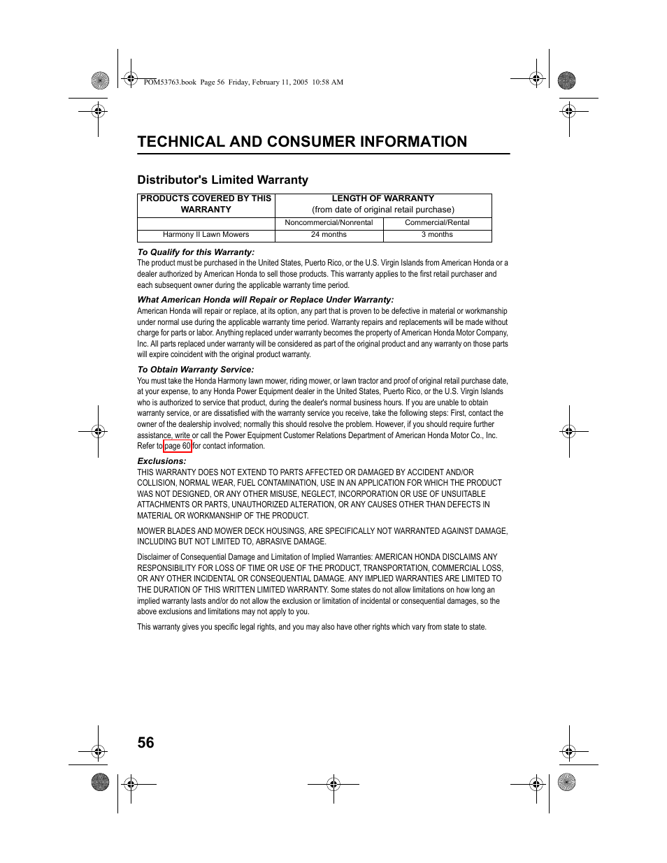 Distributor's limited warranty, Technical and consumer information 56 | HONDA HRR216TKA User Manual | Page 58 / 66