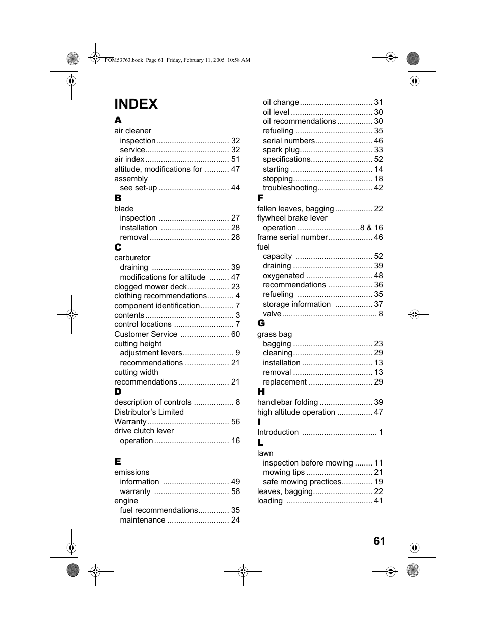 Index | HONDA HRR216TKA User Manual | Page 63 / 66