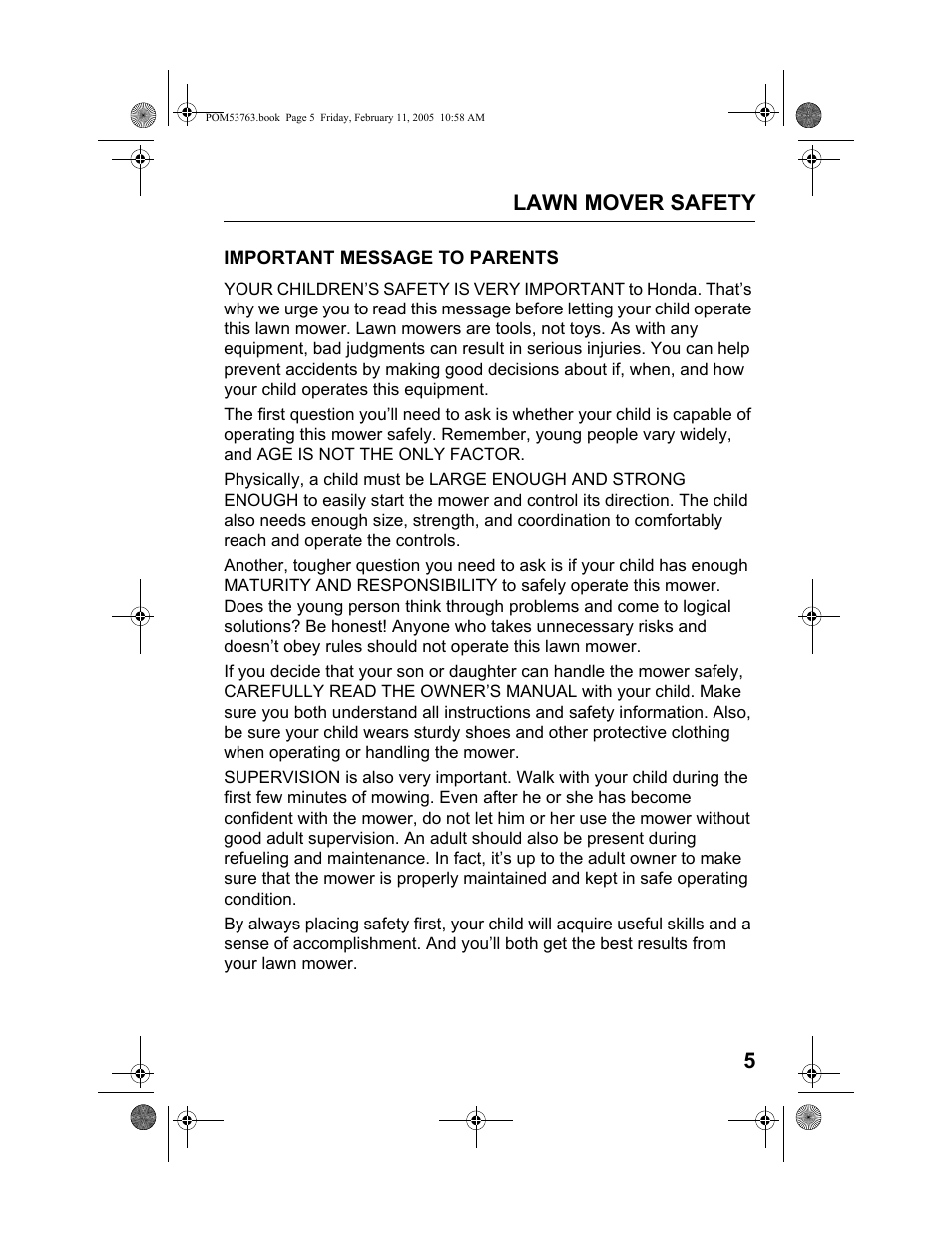 Important message to parents, Lawn mover safety 5 | HONDA HRR216TKA User Manual | Page 7 / 66